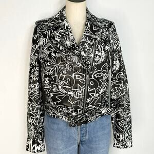 Michael Kors Women's Graffiti Moto Jacket Lamb Leather Black White Size Medium